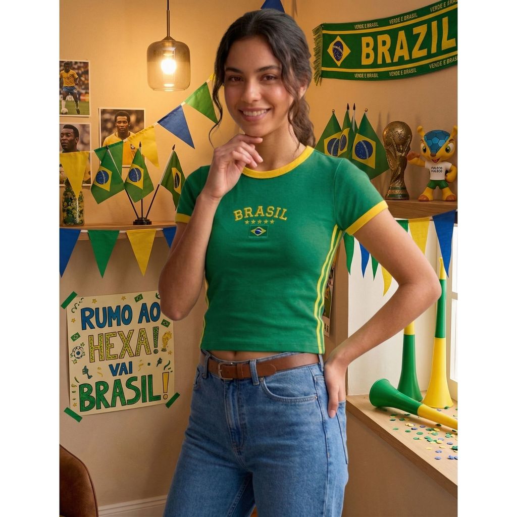 Camiseta Verde Brasil Suplex Gola Redonda Slim Baby Tee Premium Copa do Mundo Torcedora