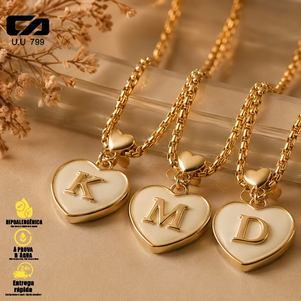 Colar Dourado Feminino com Coração e Letra A-Z – Presente Ideal para Mulheres