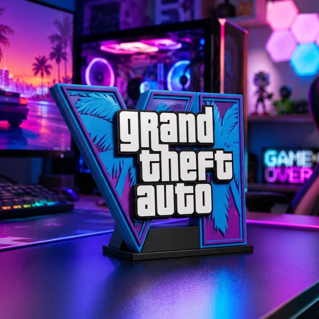 Placa Letreiro Decorativo Gamer Temática GTA VI Decoração Geek Impressão 3D Relevo Exclusivo GTA 6