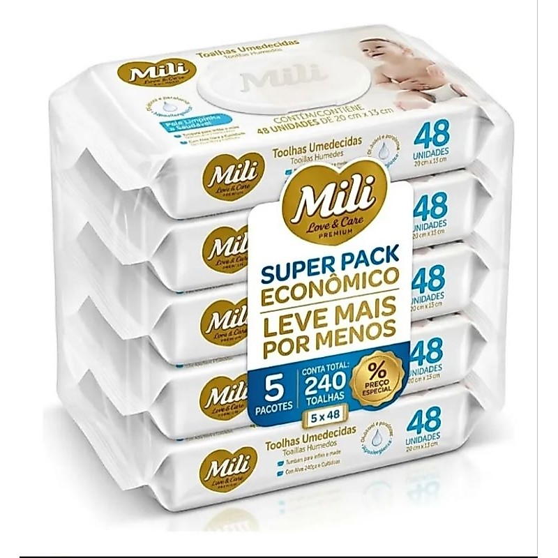O Kit 5 Pacotes Toalhas Umedecidas Mili Love & Care Premium 48 Unidades Cada | Total 240 Toalhas | Sem Álcool e Parabeno