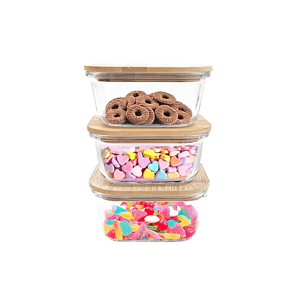 kit 3 potes de vidro 550ml com tampa de bambu hermético marmita quadrados - Tud