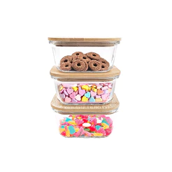 kit 3 potes de vidro 550ml com tampa de bambu hermético marmita quadrados - Tud
