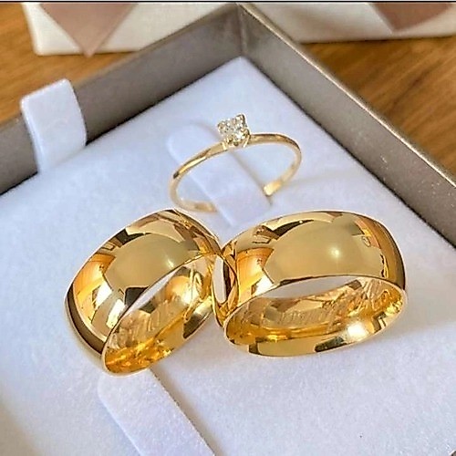 Par De Aliança 8mm Tradicional 100% Moeda Antiga Casamento + Anel Solitário e Caixinha de Veludo