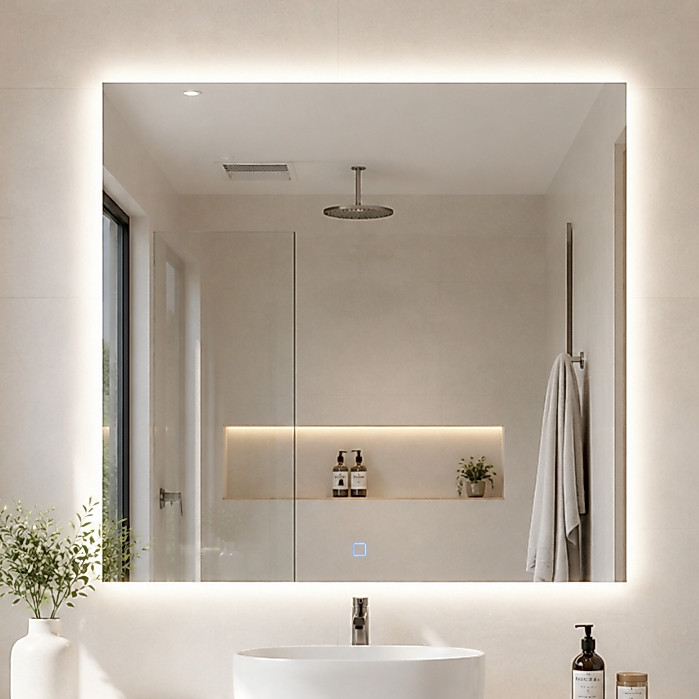 Espelho de Parede Grande Quadrado Lapidado com 3 Cores LED Botão Touch 40cm a 70