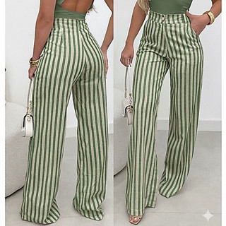 Calça Listrada Pantalona Feminina Estilosa e Elegante Com Bolso Frontal