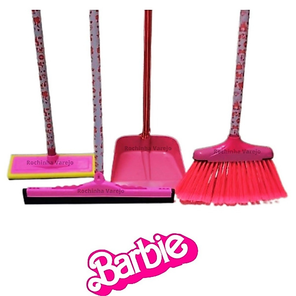 Kit Limpeza Rosa Completo Vassoura com Cabo Rodo 40cm Lava Azulejo e Pá de Lixo com Cabo