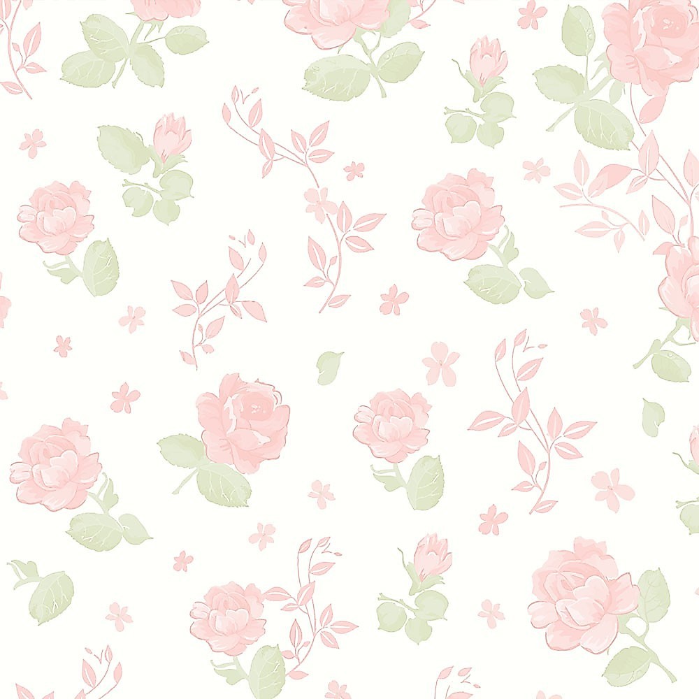 Papel de parede floral romance com fundo branco e flores rosa Para Sala e Quarto 2,50 mts