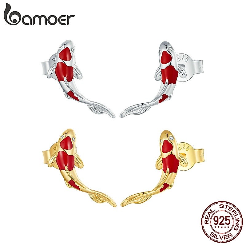 BAMOER 925 Sterling Silver Koi Fish Red Carp Stud Brincos Para Mulheres Com Zirc