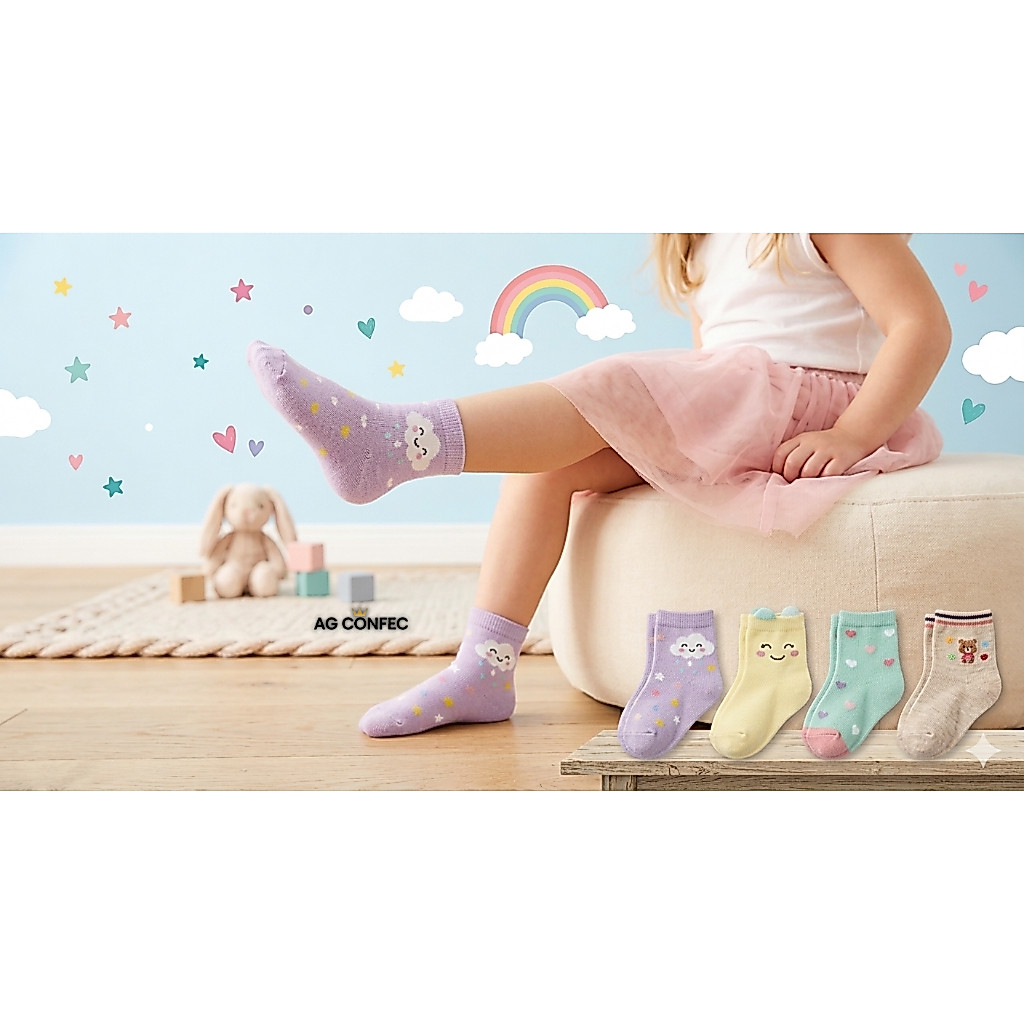 Kit 24 Pares Meia Soquete Estampas Variadas Algodão Infantil Menina Feminina