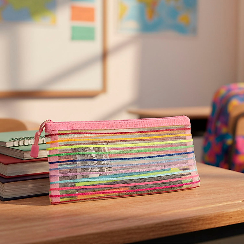 Estojo Escolar Colorido Transparente com Zíper Organizador de Lápis Canetas Maquiagem 22x12cm