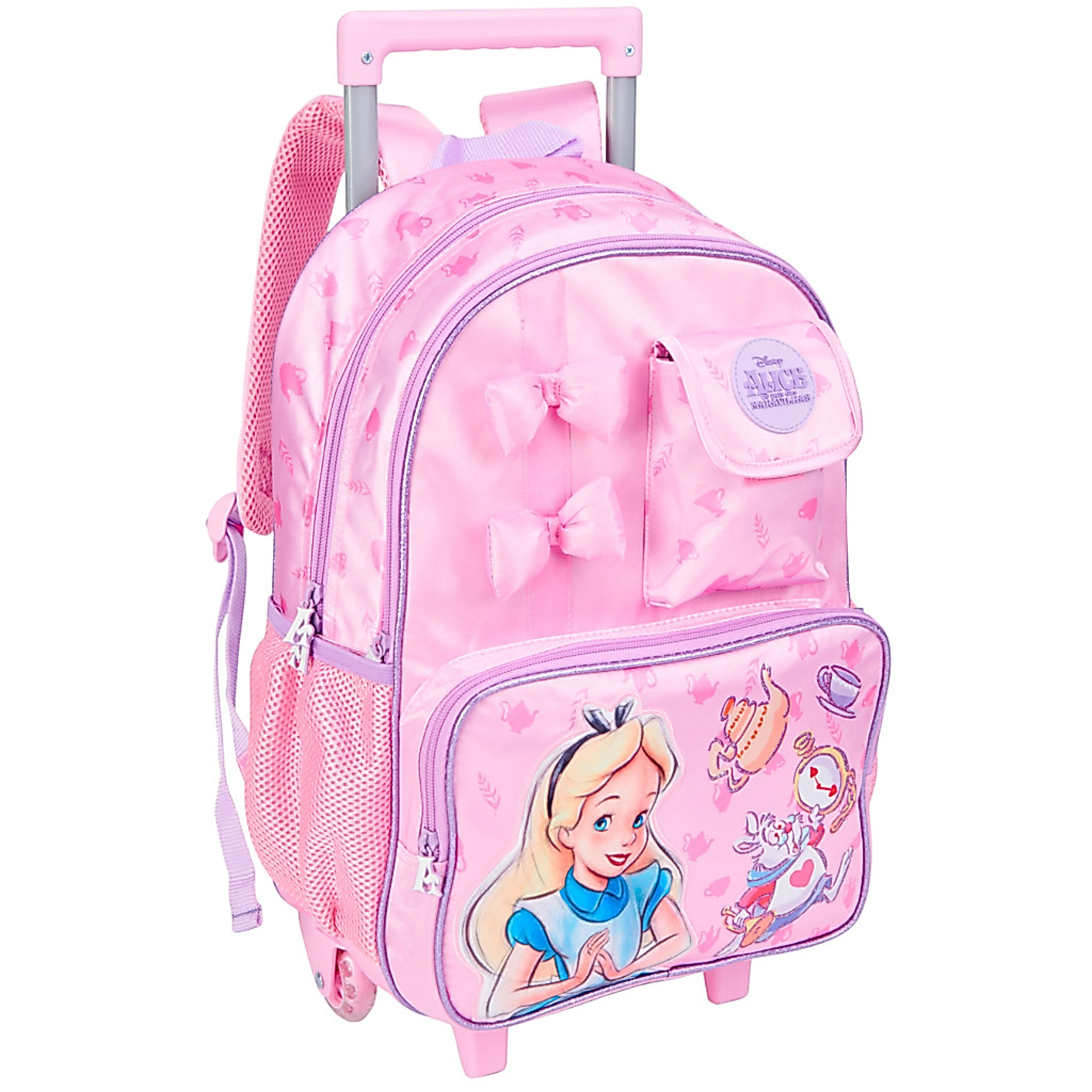 Mochila de Rodinhas Alice no País das Maravilhas Infantil Escolar com Bolsos e Laços