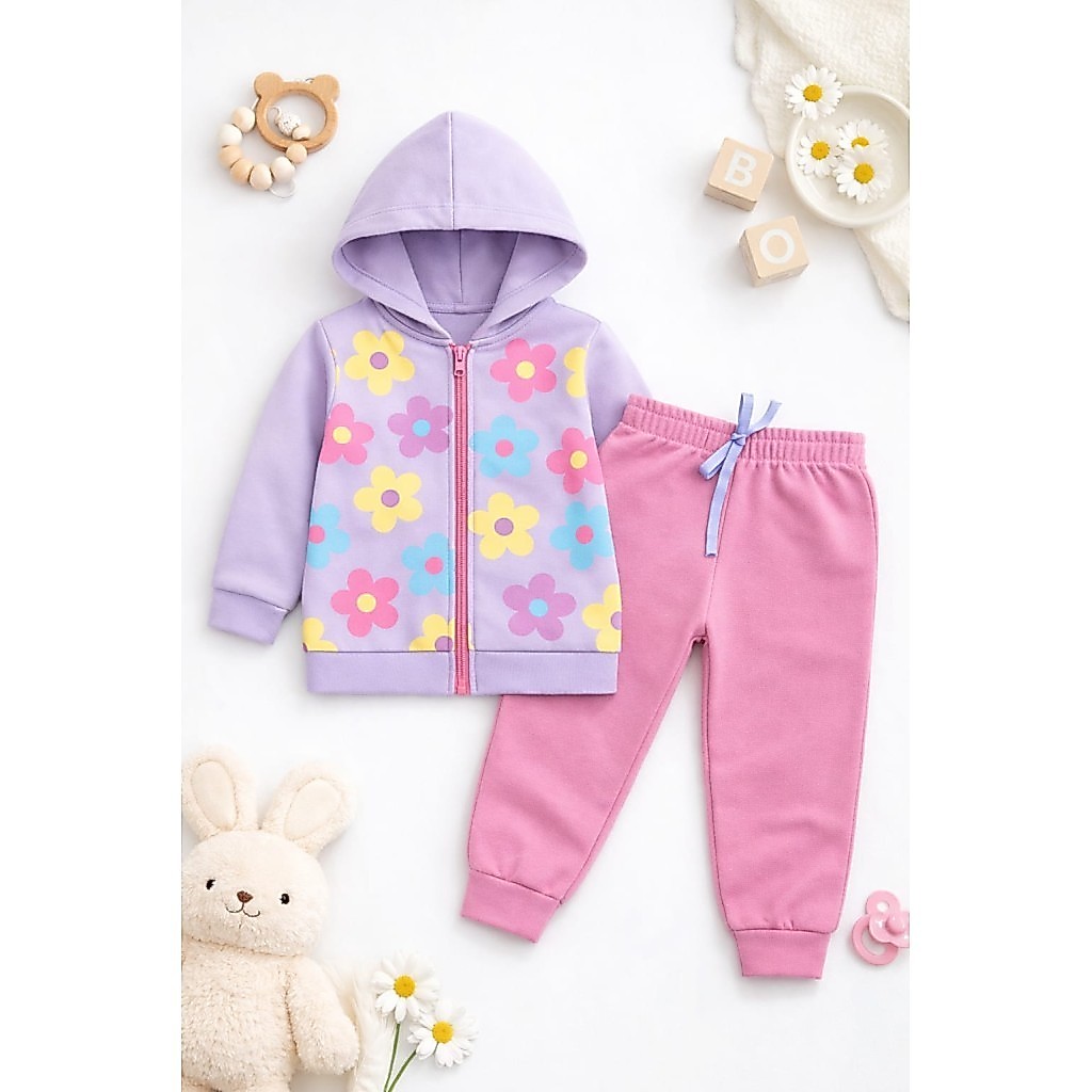 Conjunto Infantil Menina Moletom Peluciado Com Capuz e Zíper Flores