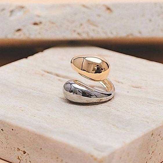 Anel Feminino Gota Ajustável Dois Banhos Dourado e Prata Moda Feminina Elegante A10 — imagem 2 de 2