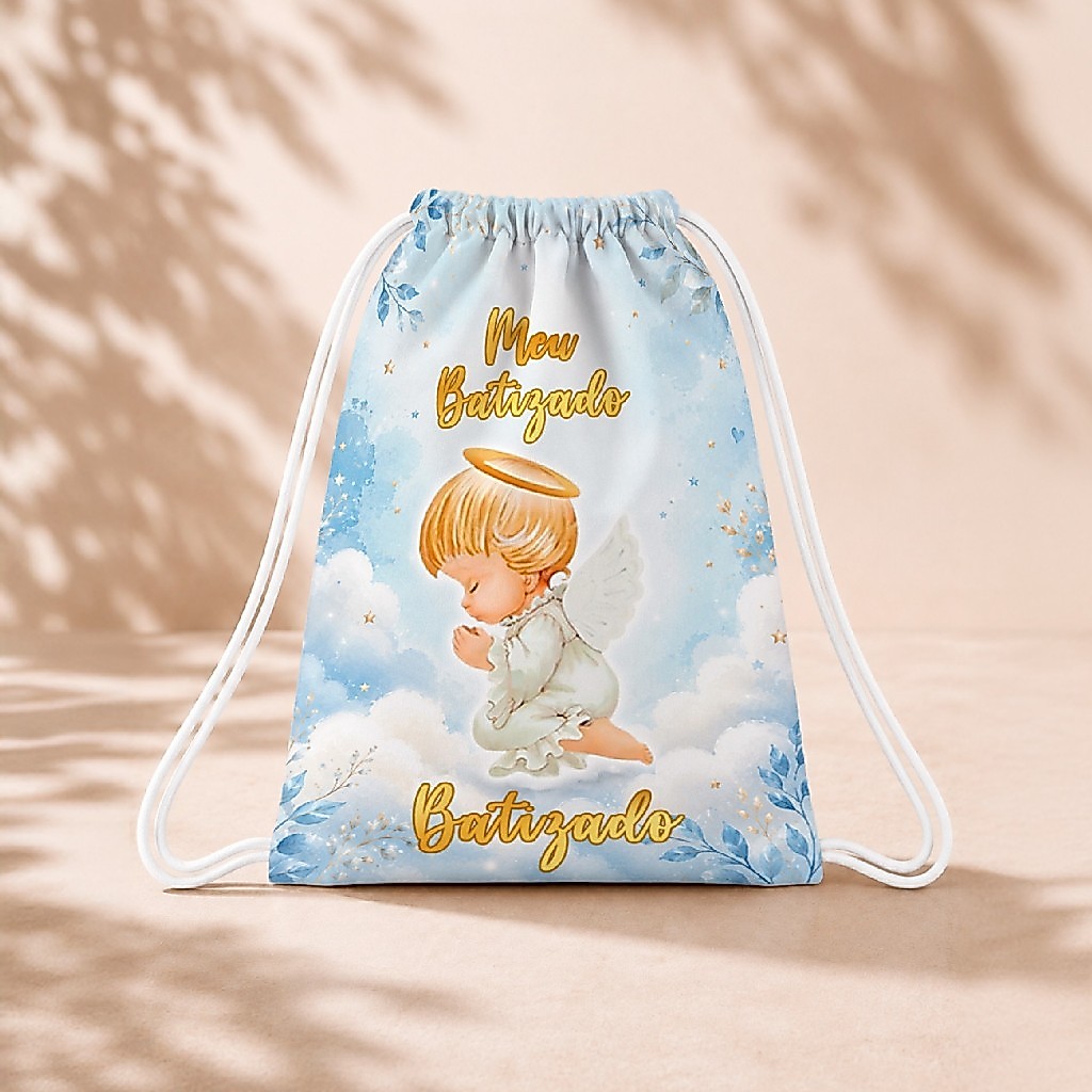 10 Mochila Personalizada Infantil 18x26 Sacolinhas Surpresa Festa Aniversário Lembrancinha Batizado Anjinho Aquarel azul