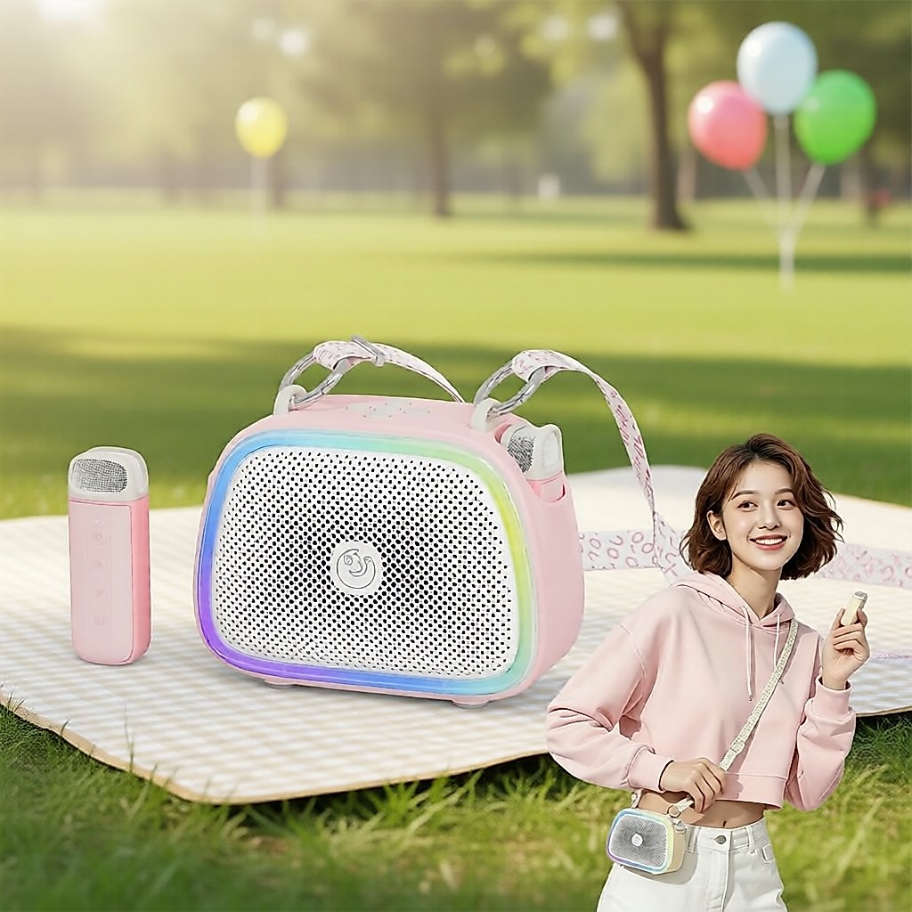 Mini máquina de karaokê Bluetooth com 2 microfones sem fio e luzes – Caixa de som portátil para crianças, meninas,
