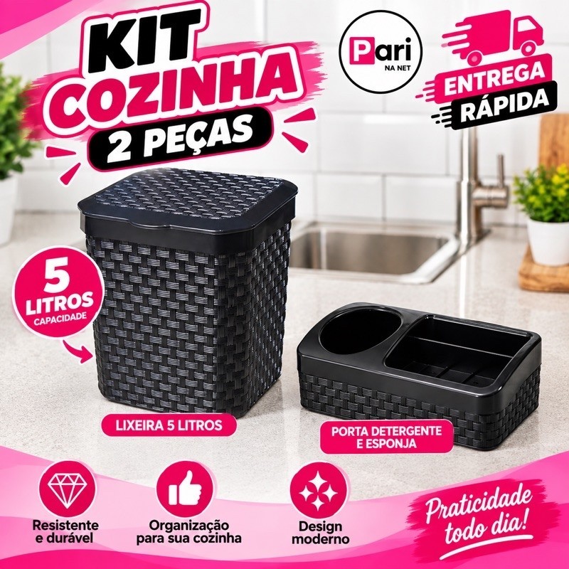Kit Cozinha Lixeira Cesto Rattan 5 Litros para Pia ou Mesa + Porta Detergente Bucha Base Rattan Preto