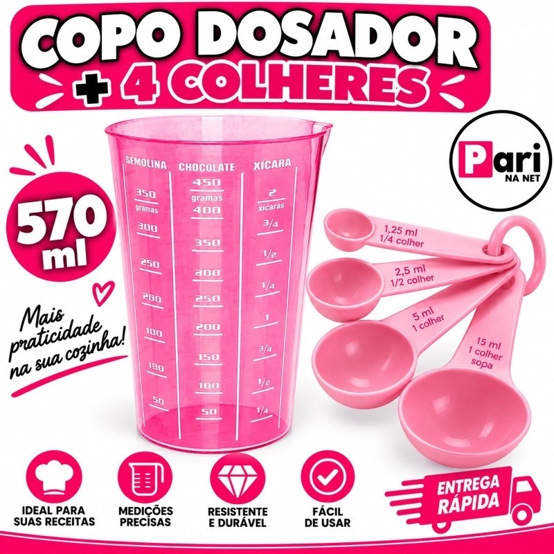Kit de Medidas Para Receitas - 1 Copo Dosador de Medida 570ml + 4 Colheres Medidoras