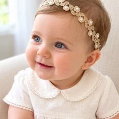 faixa bebê em renda cor ouro com aplicação de pérolas