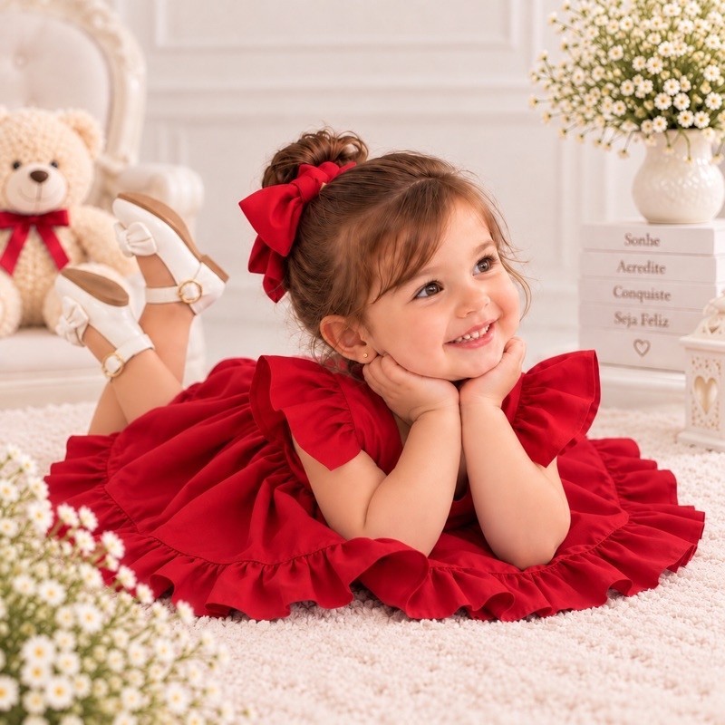 Vestido Infantil Tiara Bebê Menina Vermelho Natal 100% Algodão Brenda - Tam P ao 3 anos