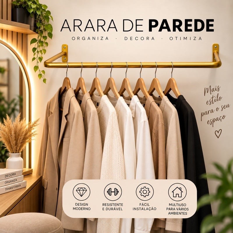 Arara de Parede Preto para Loja Quarto Decoração Closet 100cm