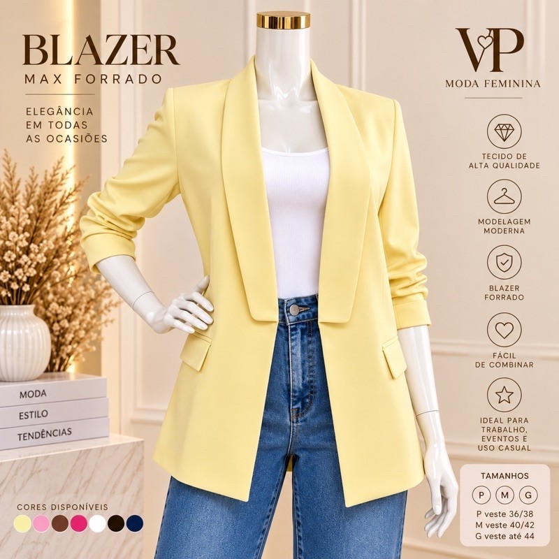 Blazer Feminino Max Forrado Alfaiataria Elegante Manga Longa Social Casual Trabalho P M G