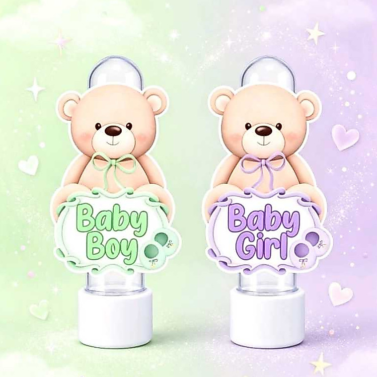 APLIQUES PARA TUBETES PERSONALIZADO CHÁ REVELAÇÃO URSINHO LILÁS E VERDE