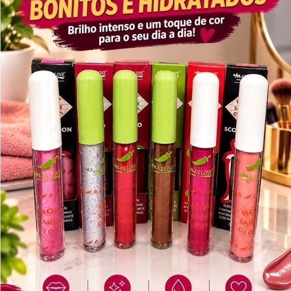 Gloss Labial Max Love Hot Sauce 5ml Brilho Hidratante Ácido Hialurônico Vitamina E Manteiga de Karité