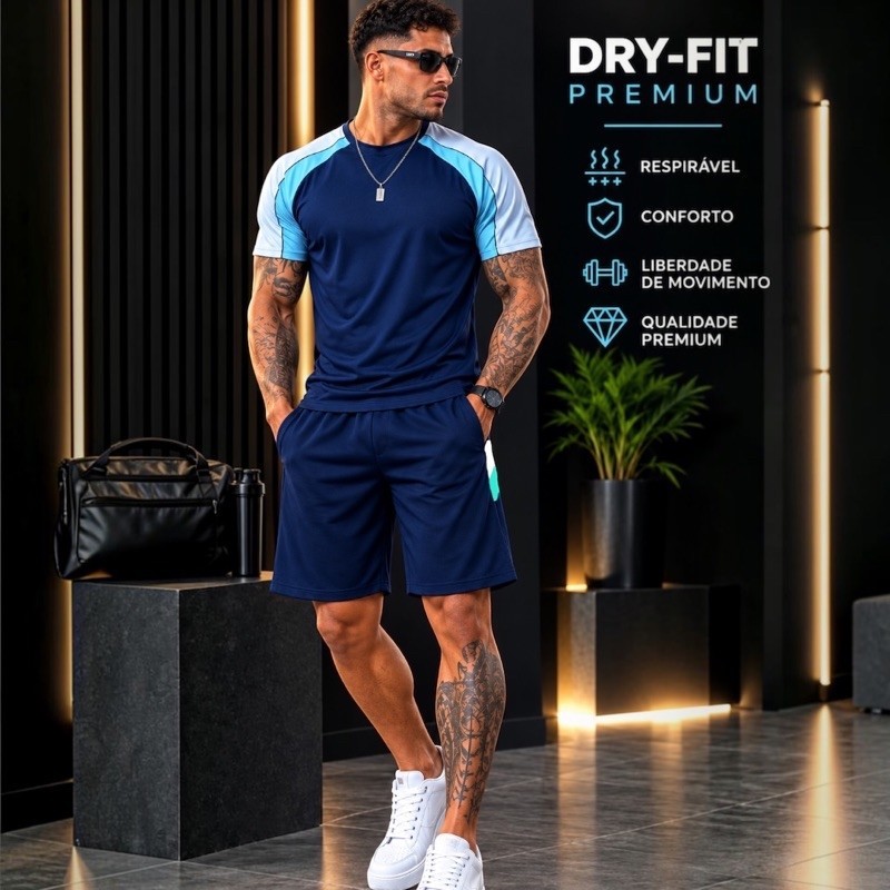 Conjunto Masculino Dry Fit Premium Camiseta e Bermuda Esportivo para Academia e Uso Casual Verão