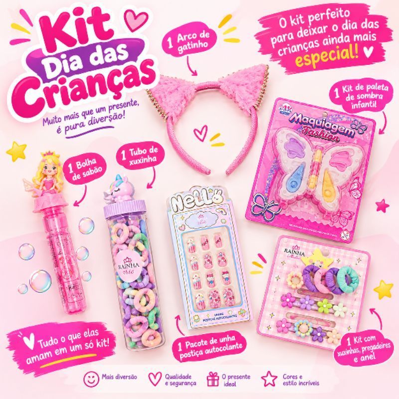 Kit Infantil Criança – Kit Presente Menina com Acessórios, Beleza e Diversão Dia das Crianças