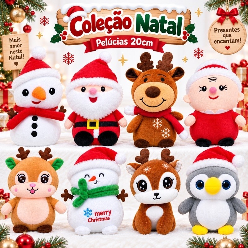 Pelúcia Natalina 20cm Boneco de Neve Papai Noel Rena Mamãe Noel Pinguim Enfeite de Natal