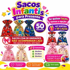 Saco Infantil Presente Kit 50 Unidades Temas Princesa Brinquedos Carrinhos Carros Animais Festa