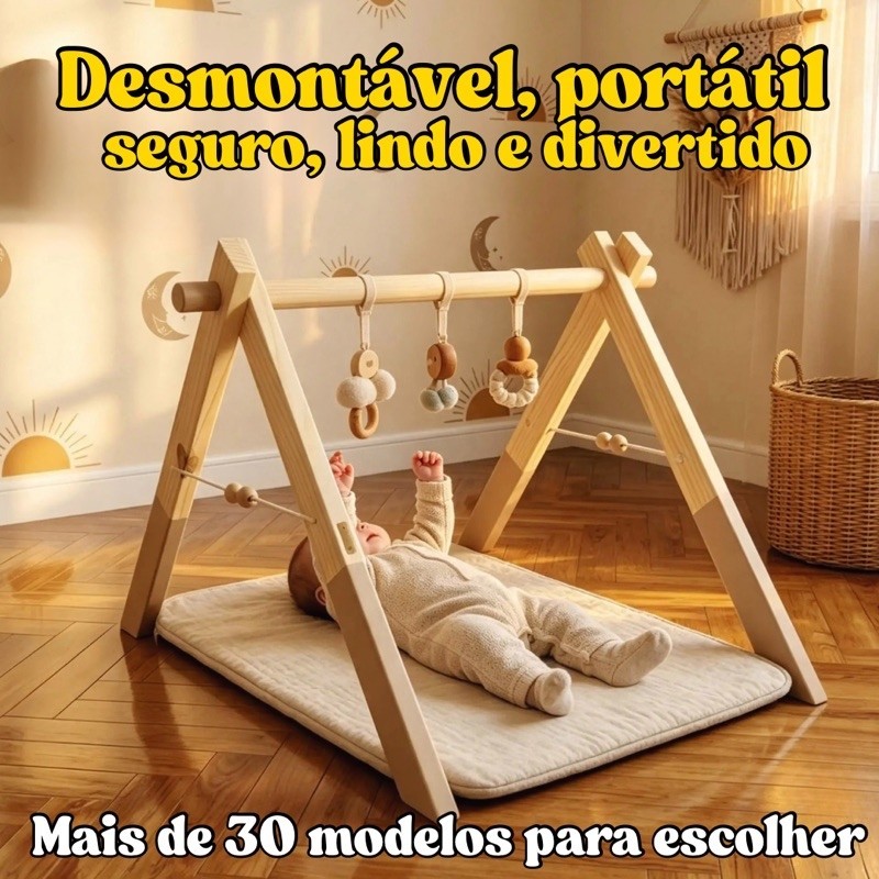Cavalete atividades brinquedo bebê em madeira-tapete de atividades-móveis montessori-suporte móbile