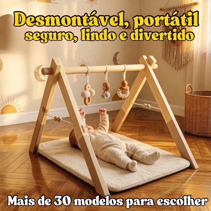Cavalete atividades brinquedo bebê em madeira-tapete de atividades-móveis montessori-suporte móbile