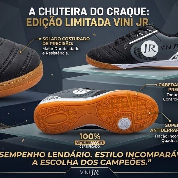 CHUTEIRA TENIS FUTSAL VINI PTO/PTA QUADRA SALAO ESPORTE FUTEBOL SOLA COSTURADA