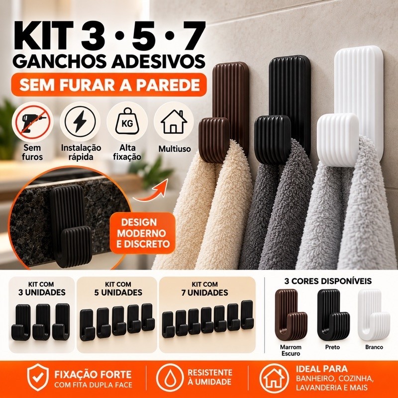 Kit 3 5 7 Ganchos Adesivos de Parede Sem Furar | Porta Toalha Banheiro Cozinha | Gancho Multiuso