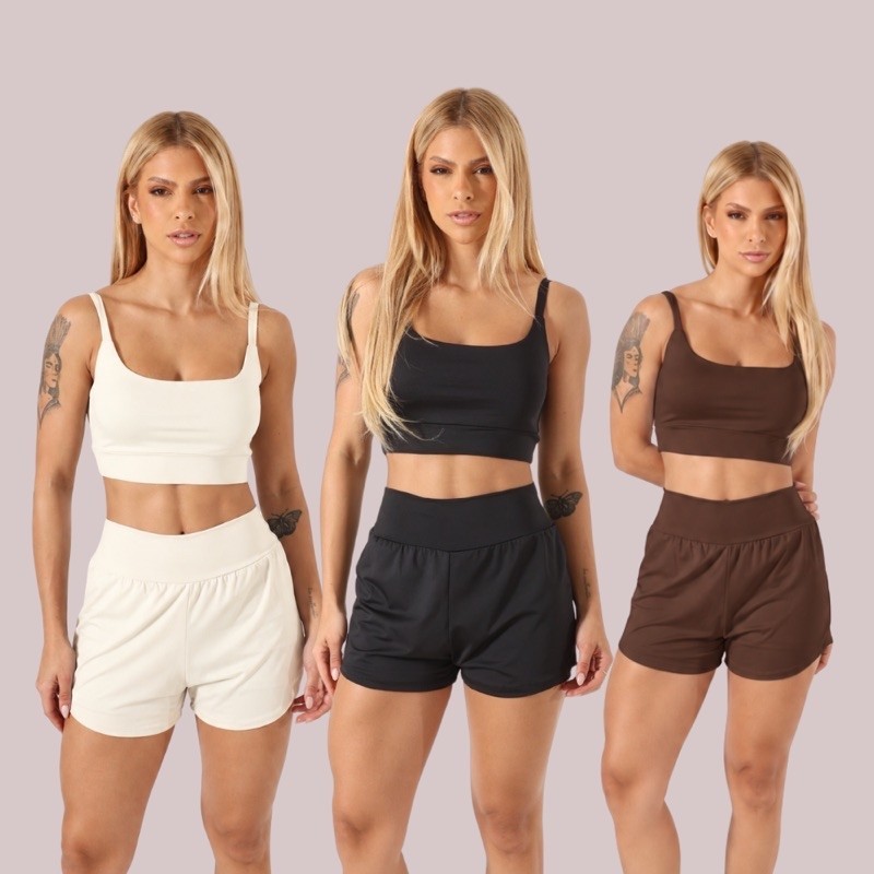 kit 3 conjuntos com SHORT DUPLO de academia candy color short 2 em 1 e top forrado