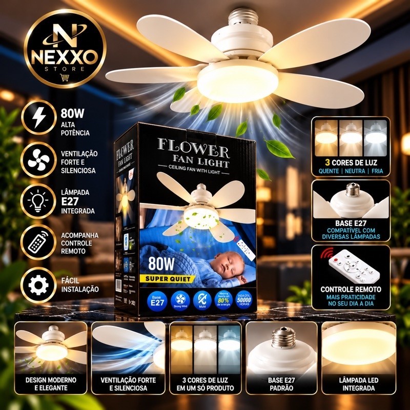 Ventilador de Teto 52cm com Lâmpada LED E27 3 Velocidades 3 Cores de Luz Controle Remoto