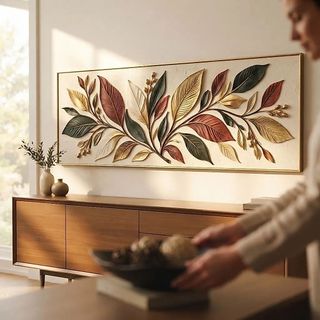 Quadro Sala MODERNO HORIZONTAL FOLGHAGEM 100x40 Galhos Secos Coloridos Outono