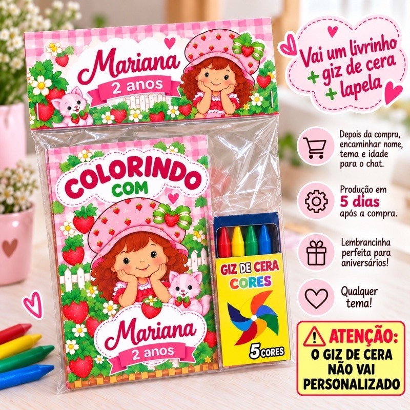 Kit Pintura Infantil Personalizado Livrinho de Colorir + Giz de Cera Lembrancinha Festa A…