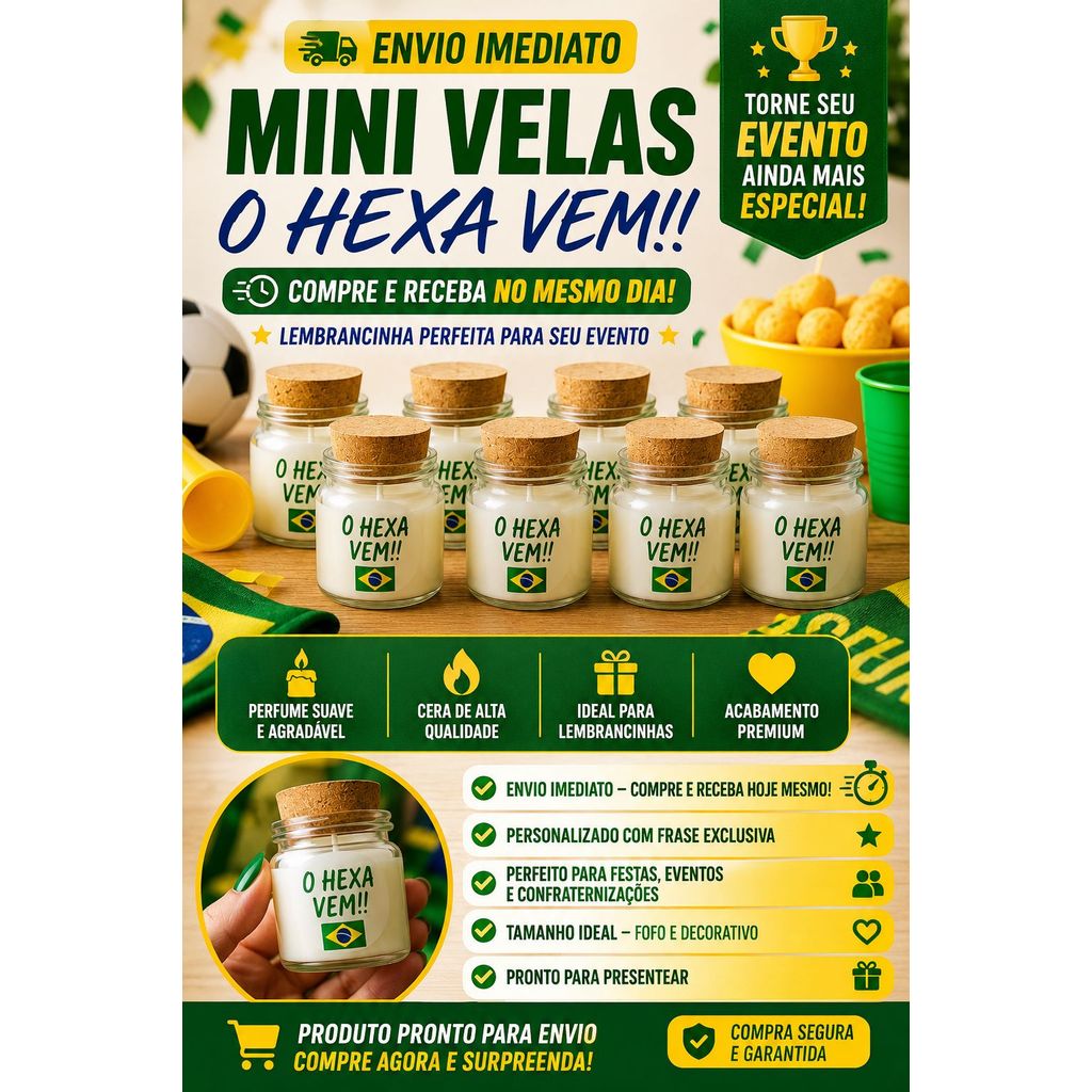 Kit Vela Personalizada Decoração Copa do mundo O Hexa Vem Brasil Lembrancinha Futebol Copa Evento Festa Envio Imediato