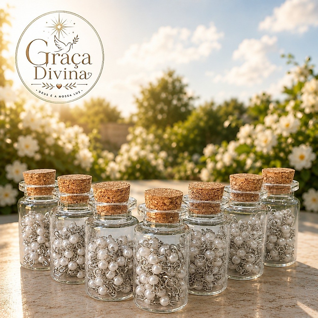 Kit 12 Terço Cordão Lembrancinha No Vidrinho Perola Branco Pescoço 1° Eucaristia Crisma Batizado