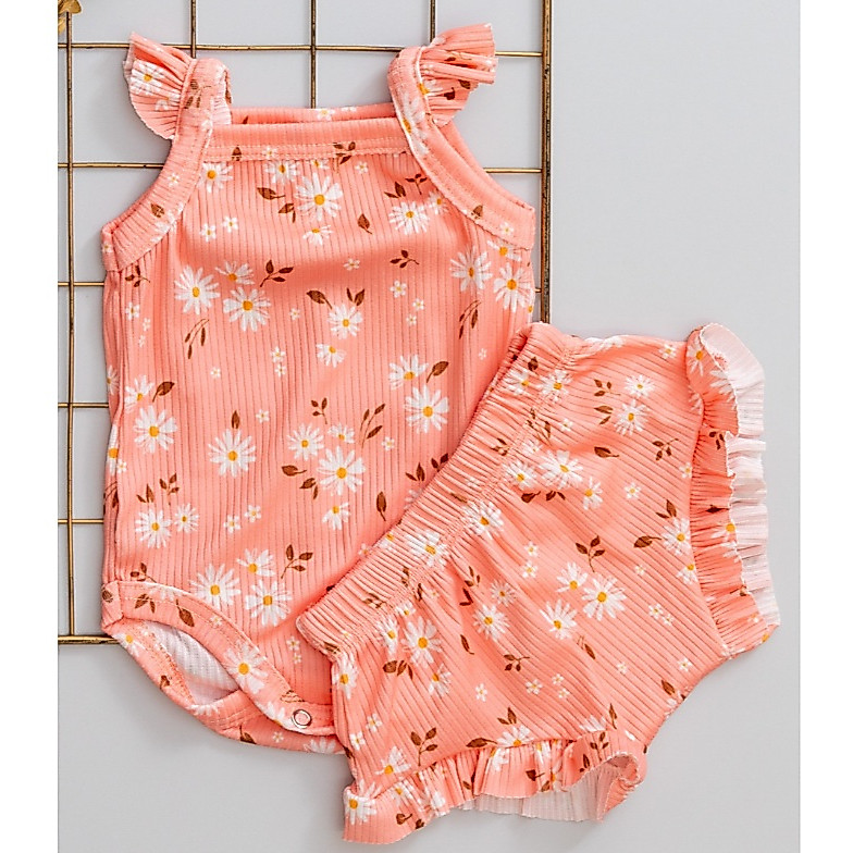 Conjunto Bebê Verão Canelado Fresquinho Menina Body e Tapa Fralda Infantil Babado Rosa com Estampa de Flores