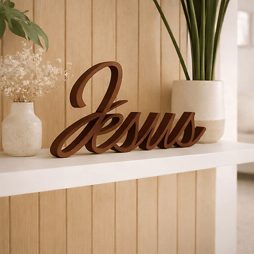 Letreiro Decorativo Jesus 20cm MDF 3D | Palavra Jesus Decorativa | Enfeite Religioso Mesa Sala Quarto
