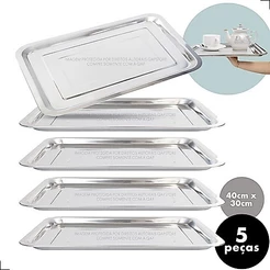 Kit 5 Bandeja Aço Inox Retangular 40x30 Rasa Restaurante