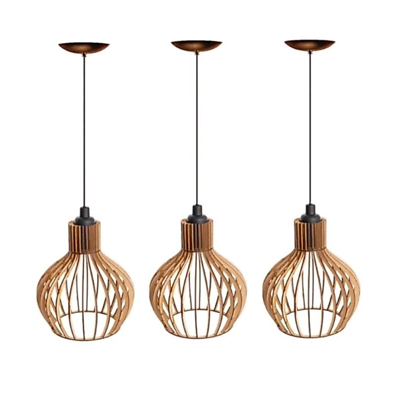 Kit com 3 Pendente Luminária De Teto Lustre de Sala / Cozinha PP em Madeira  Reforçado cru cor natural Lustre