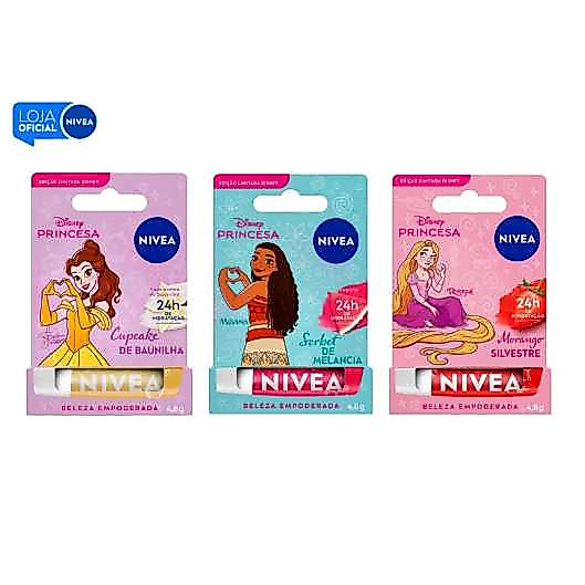 Kit com três hidratantes labiais Nivea da edição limitada Disney Princesas, exibindo as embalagens individuais com as personagens Bela, Moana e Rapunzel.