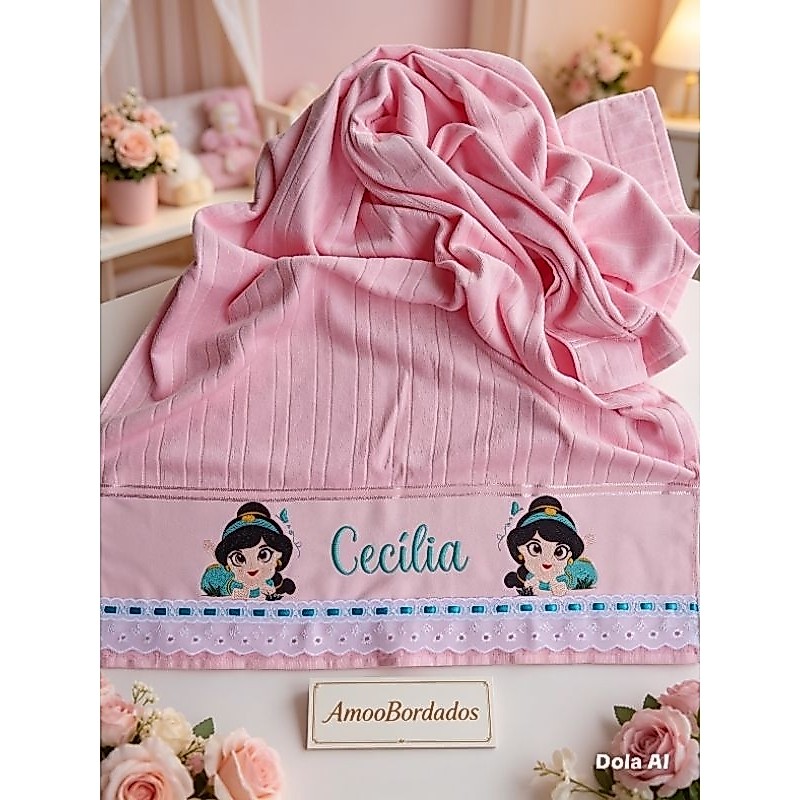 toalha de banho bordada com nome,toalha de princesa,toalha da Jasmine,princesa Jasmine