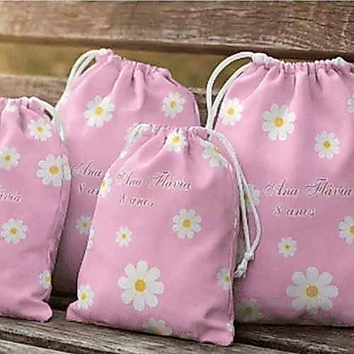 10 sacolinhas personalizada tecido MARGARIDAS ROSA para lembrancinhas festa aniversario 30cmx20cm