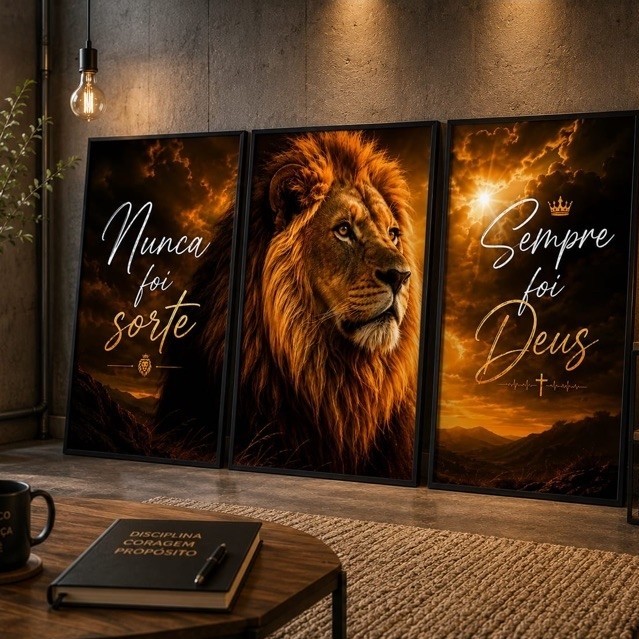 Quadros Decorativos Leão Majestoso Religioso Nunca Foi Sorte Sempre Foi Deus 3 Peças Decoração Sala Quarto Escritório