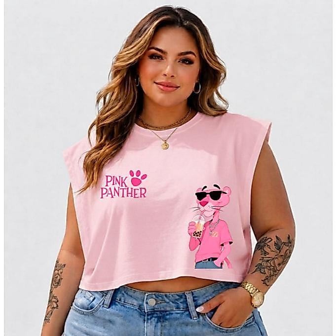 Cropped Feminino  Plus Size Sem Mangas Oversized Pantera Básico Casual Verão 100% Algodão Tendência